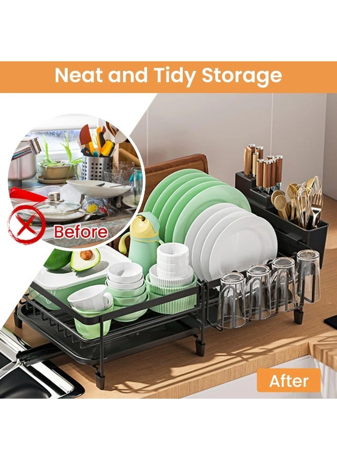 Toshionics Single Layer Expandable Foldable Retractable Dish Drying Rack with Utensil Holder & Cutting Board Holder & Drainboard Tray & Cup Holder T114726, Rotatable Drainage System Scratch Resistant Frosted Baking Process Coatings, Black - Image 2